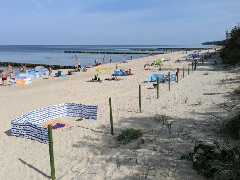 Słoneczna plaża z parawanami w tle.